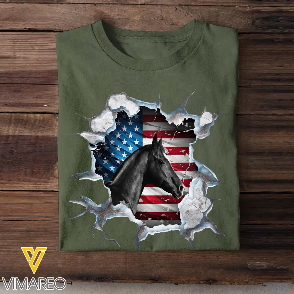 Personalized Upload Your Horse Photo US Flag Horse T-shirt Printed KVH231301