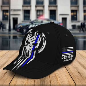 Personalized US Skull Blueline Retired Police Black Cap Printed QTKH24279