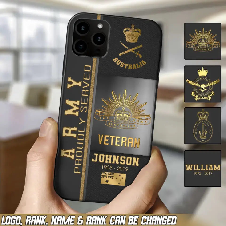 Personalized Army Proudly Served Australian Veteran Gold Rank Camo Phonecase Printed AHVQ24295