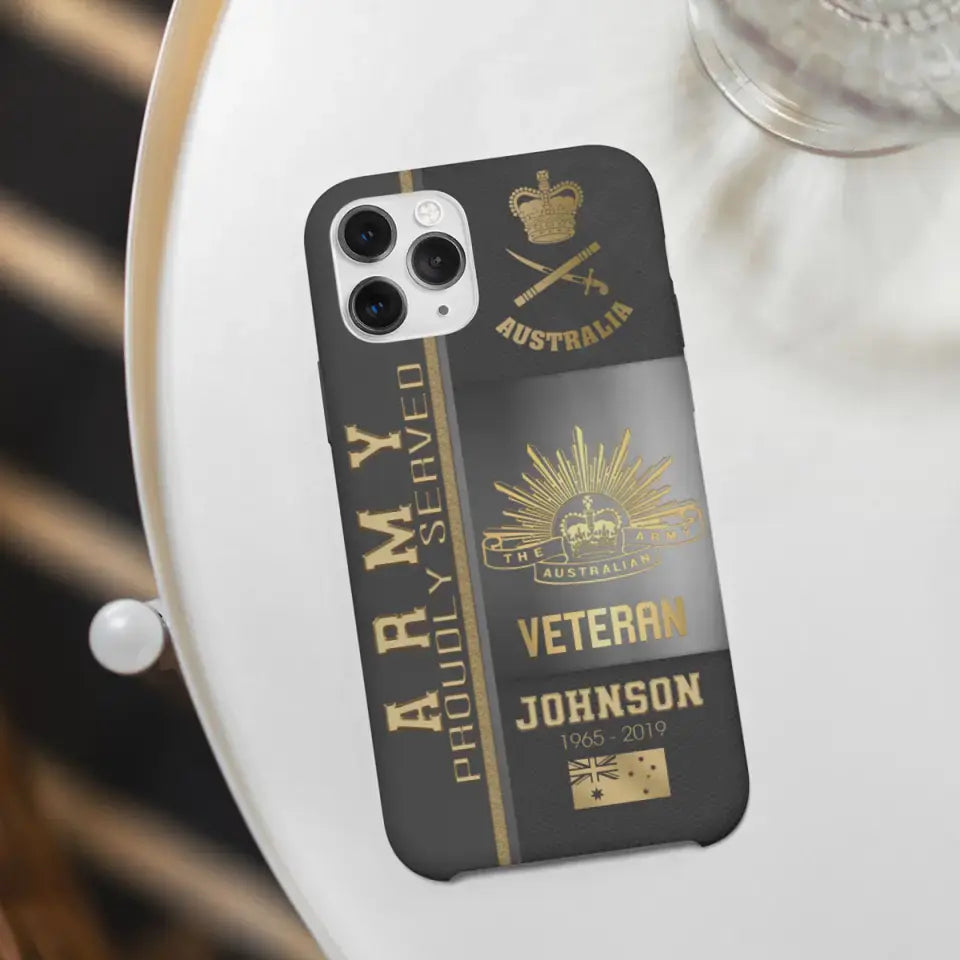 Personalized Army Proudly Served Australian Veteran Gold Rank Camo Phonecase Printed AHVQ24295