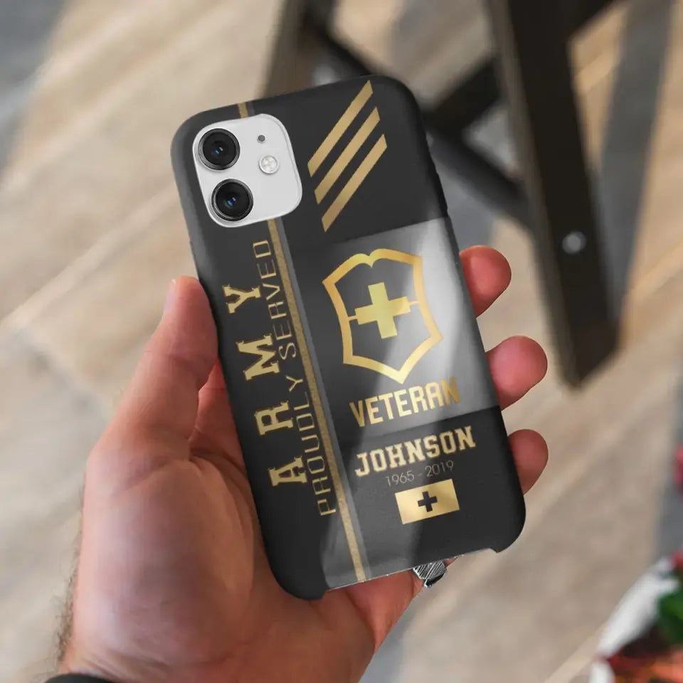 Personalized Army Proudly Served Swiss Veteran Gold Rank Camo Phonecase Printed AHVQ24295