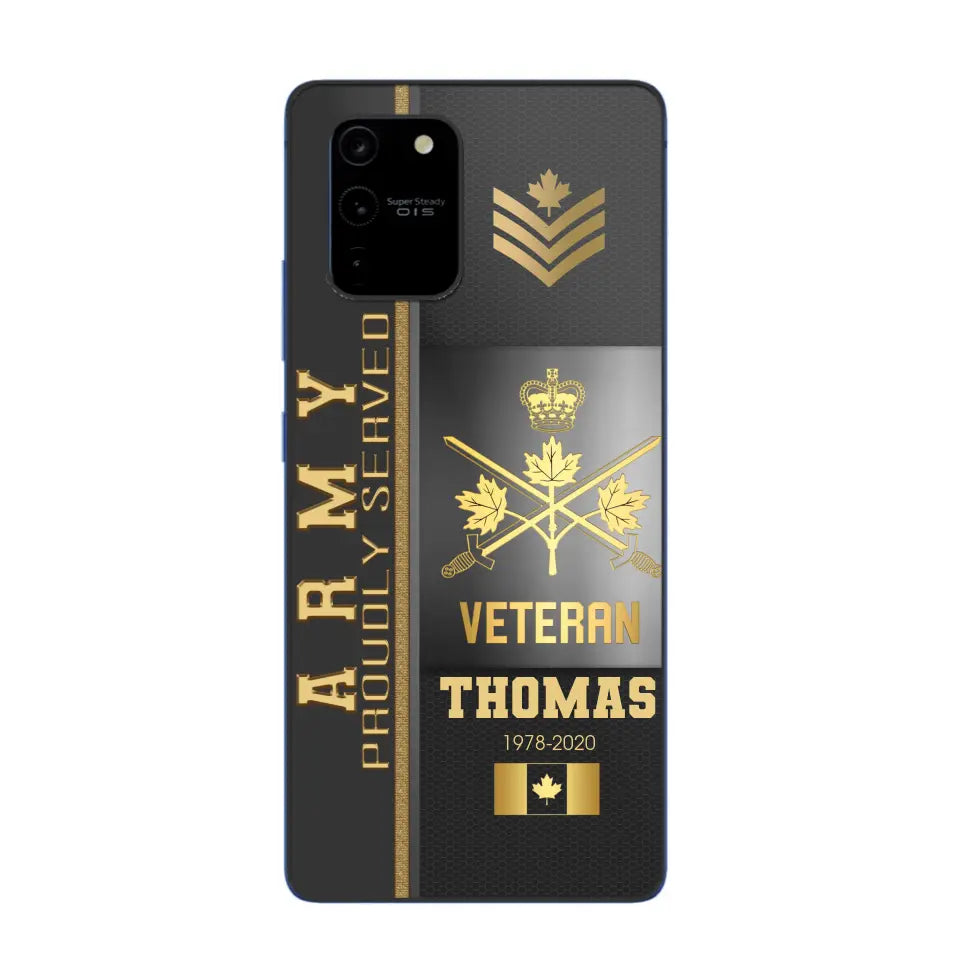 Personalized Army Proudly Served Canadian Veteran Gold Rank Camo Phonecase Printed AHVQ24295