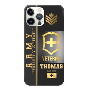 Personalized Army Proudly Served Swiss Veteran Gold Rank Camo Phonecase Printed AHVQ24295