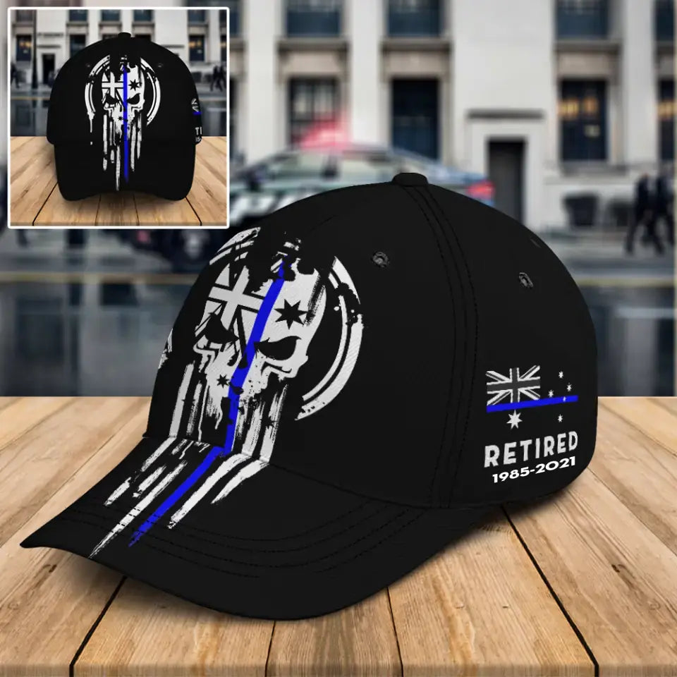 Personalized Australian Law Enforcement Thin Blue Line Skull Black Cap Printed QTKH24315