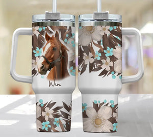 Personalized Upload Your Horse Photo Flowers Horse Lovers Gift 40oz Matte Tumbler With Handle Printed HN24331