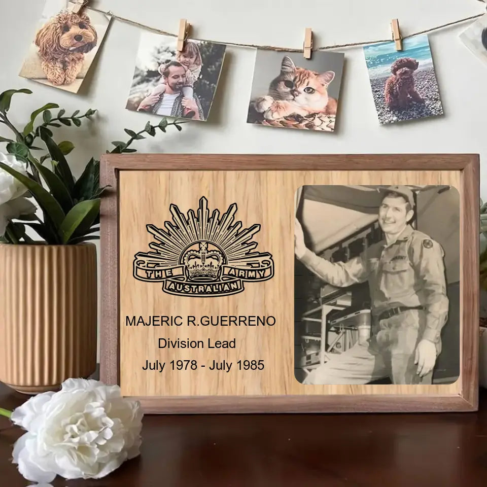 Personalized Upload Your Photo Australian Veteran Army Logo Custom Name & Time Memorial Gift Wooden Frame Printed QTHN24480