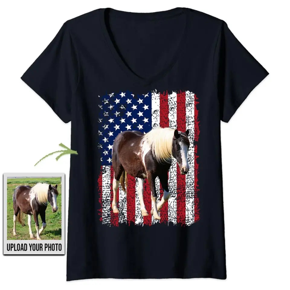 Personalized Upload Your Horse Photo US Flag V-neck T-shirt Printed HN24891