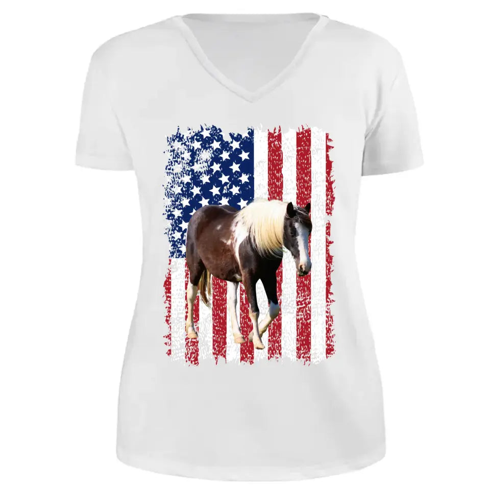 Personalized Upload Your Horse Photo US Flag V-neck T-shirt Printed HN24891