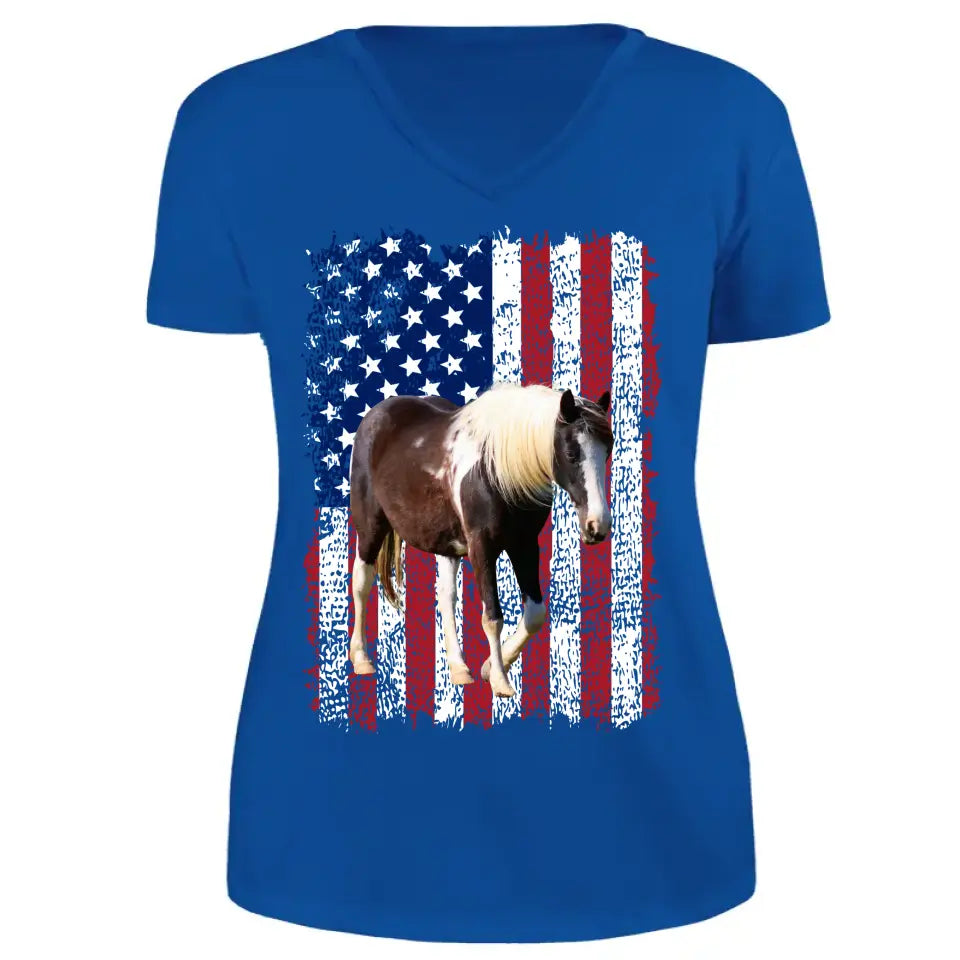 Personalized Upload Your Horse Photo US Flag V-neck T-shirt Printed HN24891