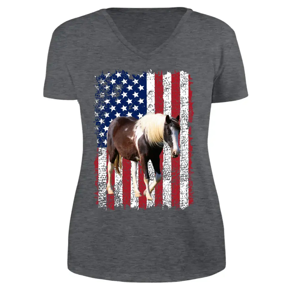 Personalized Upload Your Horse Photo US Flag V-neck T-shirt Printed HN24891