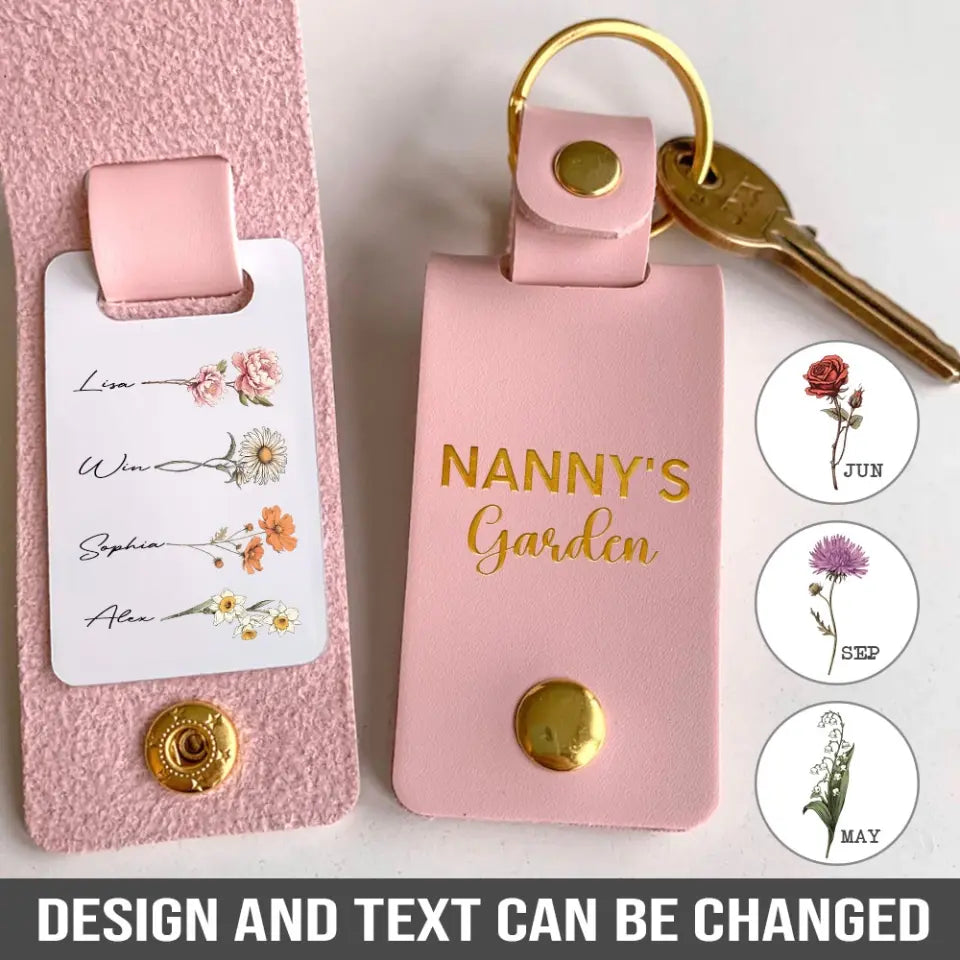 Personalized Flowers & Kid Names Nanny's Garden Leather Keychain Printed HN24947