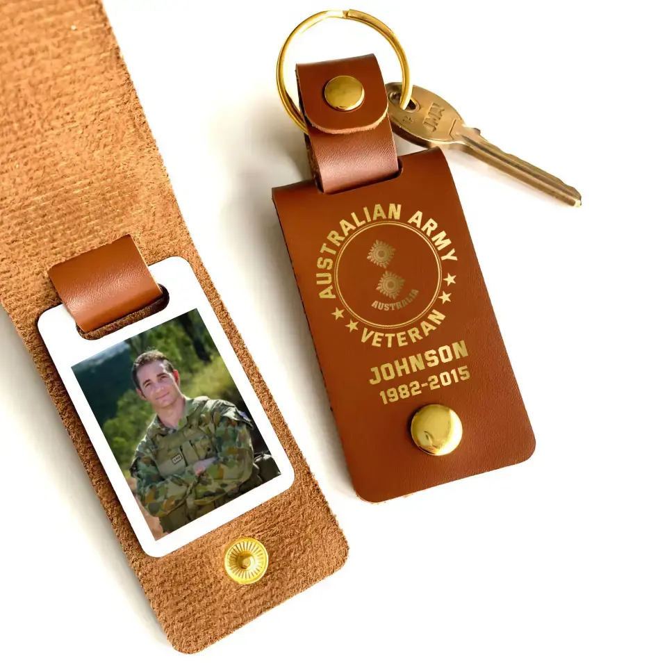 Personalized Upload Your Australian Veteran Photo Australian Army Custom Rank & Name Leather Keychain Printed KVH24944