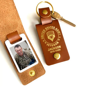 Personalized Upload Your US Veteran Photo US Army Custom Rank & Name Leather Keychain Printed KVH24944