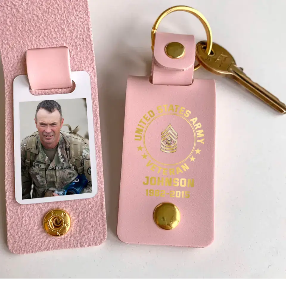 Personalized Upload Your US Veteran Photo US Army Custom Rank & Name Leather Keychain Printed KVH24944