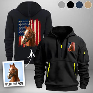 Personalized Upload Your Horse Photo US Flag Horse Lovers Gift Quarter Zip Hoodie 2D Printed HN241014