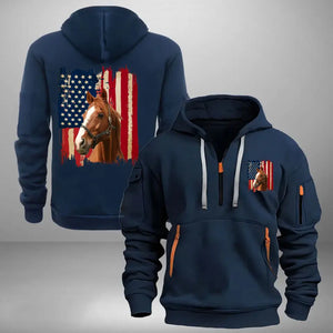 Personalized Upload Your Horse Photo US Flag Horse Lovers Gift Quarter Zip Hoodie 2D Printed HN241014