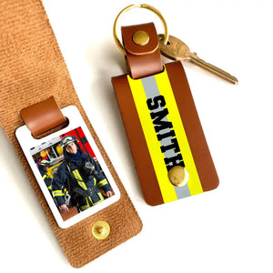 Personalized Upload Your Firefighter Photo Custom Name Leather Keychain Printed QTHN241140