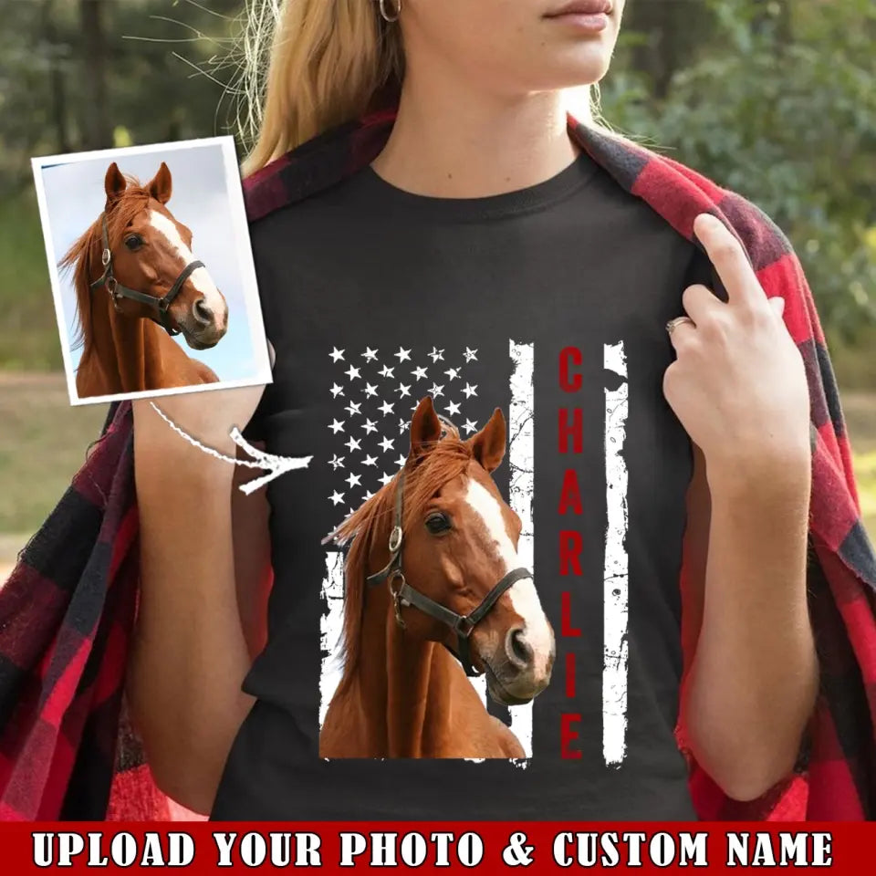 Personalized Upload Your Horse Photo US Flag Horse Lovers Gift T-shirt Printed VQ241238