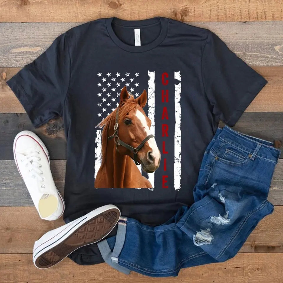 Personalized Upload Your Horse Photo US Flag Horse Lovers Gift T-shirt Printed VQ241238