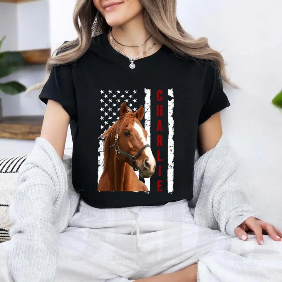 Personalized Upload Your Horse Photo US Flag Horse Lovers Gift T-shirt Printed VQ241238