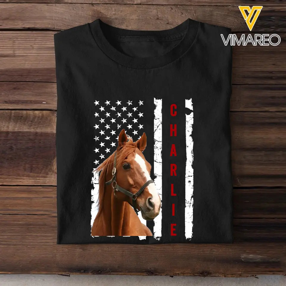 Personalized Upload Your Horse Photo US Flag Horse Lovers Gift T-shirt Printed VQ241238