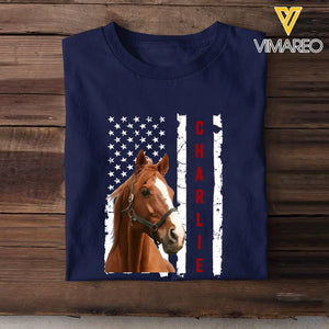 Personalized Upload Your Horse Photo US Flag Horse Lovers Gift T-shirt Printed VQ241238