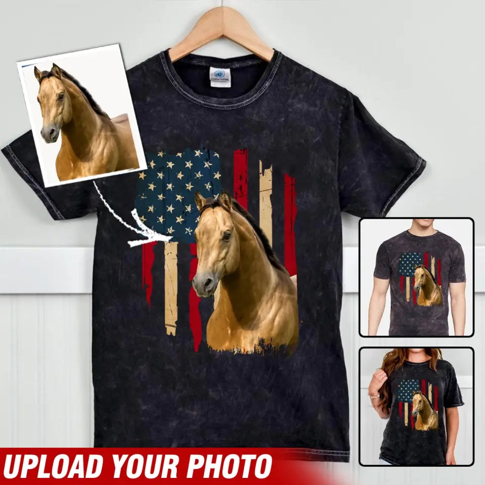 Personalized Upload Your Horse Photo US Flag Mineral Wash T-shirt Printed VQ241253