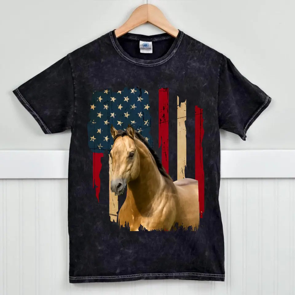 Personalized Upload Your Horse Photo US Flag Mineral Wash T-shirt Printed VQ241253