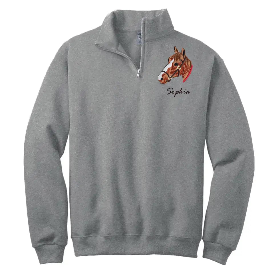 Personalized Upload Your Horse Photo Horse Art Embroidered Stand Collar Zipper Sweatshirt 2D Printed HN241262