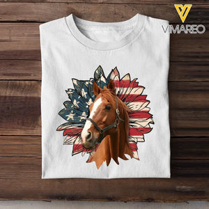 Personalized Upload Your Horse Photo Sunflower US Flag T-shirt Printed HN241358