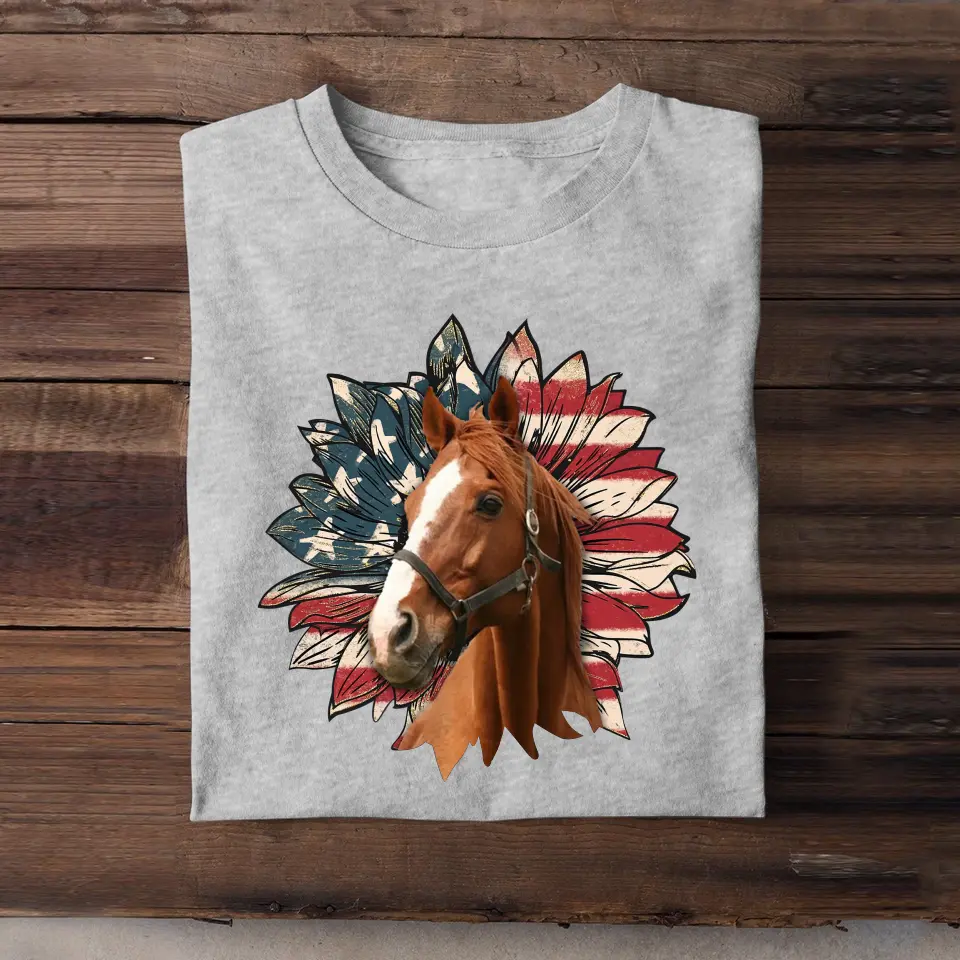 Personalized Upload Your Horse Photo Sunflower US Flag T-shirt Printed HN241358