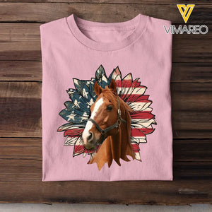 Personalized Upload Your Horse Photo Sunflower US Flag T-shirt Printed HN241358