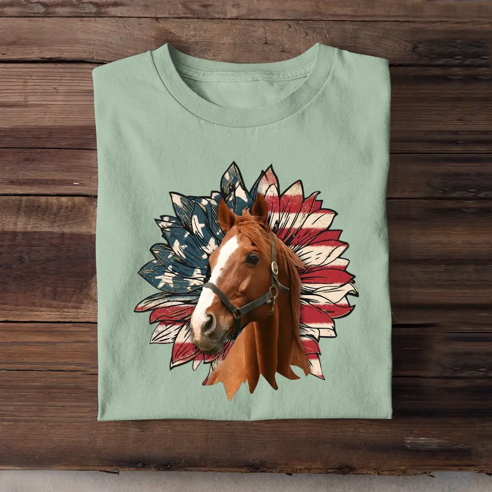 Personalized Upload Your Horse Photo Sunflower US Flag T-shirt Printed HN241358