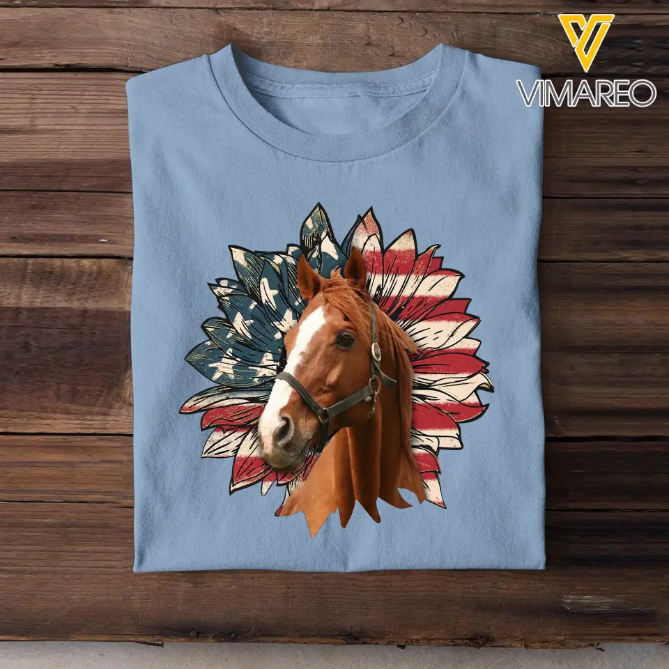 Personalized Upload Your Horse Photo Sunflower US Flag T-shirt Printed HN241358