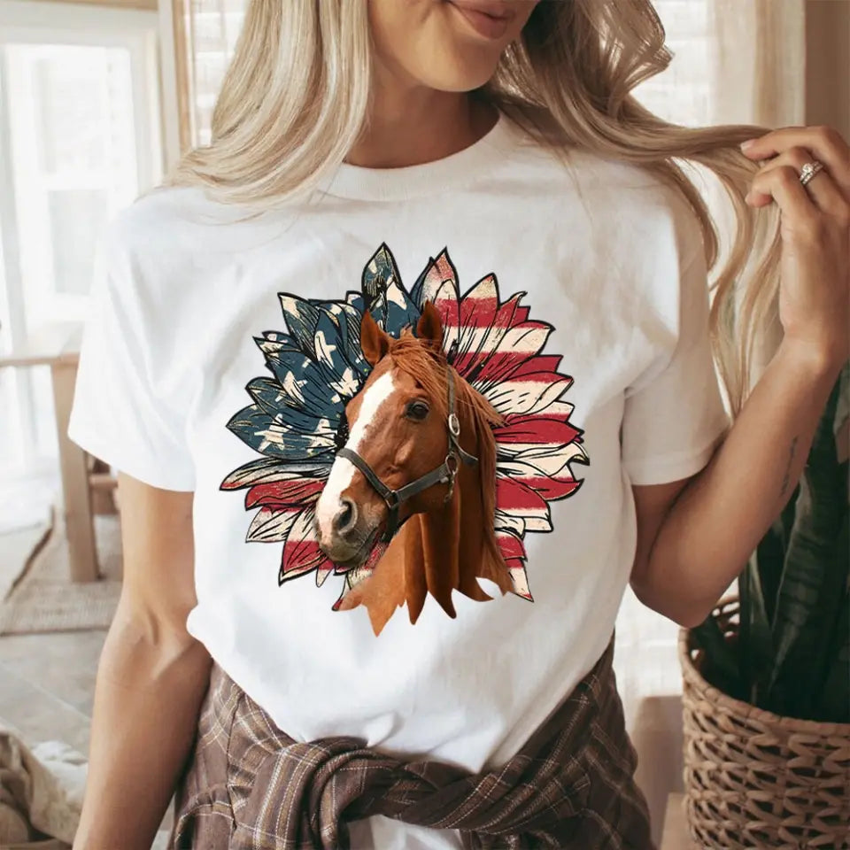 Personalized Upload Your Horse Photo Sunflower US Flag T-shirt Printed HN241358