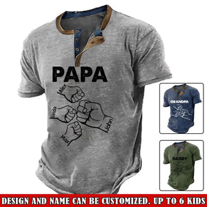 Personalized Papa Hands With Kid Names Happy Father's Day Lapel Button Men's Short Sleeves Neck Short Sleeve Button T shirt Printed VQ241418