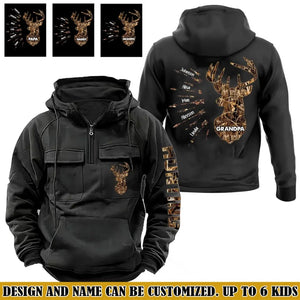 Personalized Deer Hunting Grandpa & Kid Names American Retro Hooded Sweatshirt Printed VQ241450