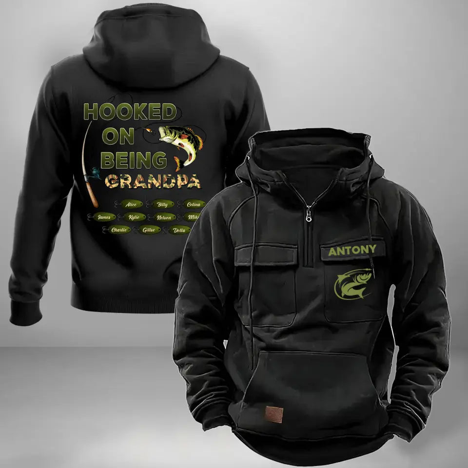 Personalized Hooked On Being Grandpa Fishing & Kid Names American Retro Hooded Sweatshirt Printed HN241468