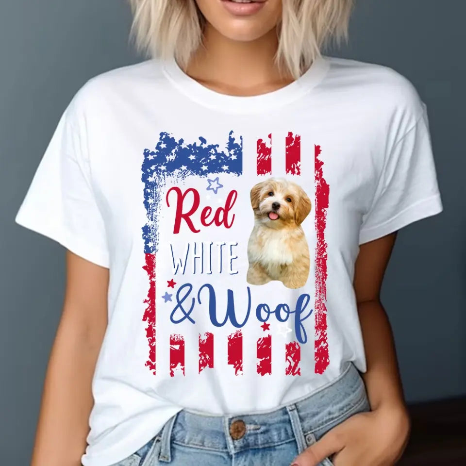 Personalized Upload Your Dog Photo Red White & Woof US Flag Independence Day 4th July Gift T-shirt Printed HN241567