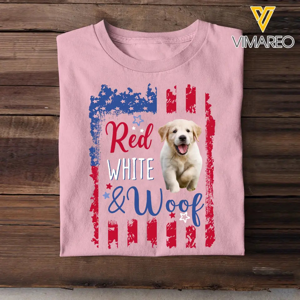 Personalized Upload Your Dog Photo Red White & Woof US Flag Independence Day 4th July Gift T-shirt Printed HN241567