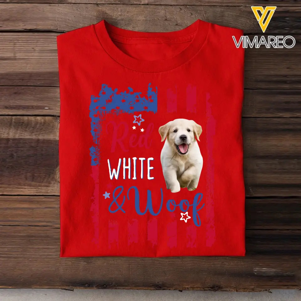 Personalized Upload Your Dog Photo Red White & Woof US Flag Independence Day 4th July Gift T-shirt Printed HN241567