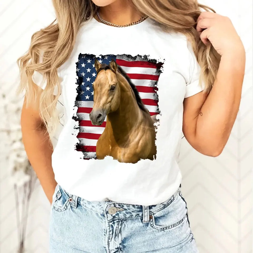 Personalized Upload Your Horse Photo US Flag T-shirt Printed LVA241574