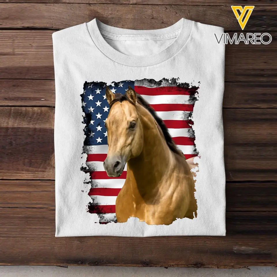 Personalized Upload Your Horse Photo US Flag T-shirt Printed LVA241574