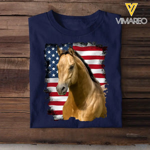 Personalized Upload Your Horse Photo US Flag T-shirt Printed LVA241574