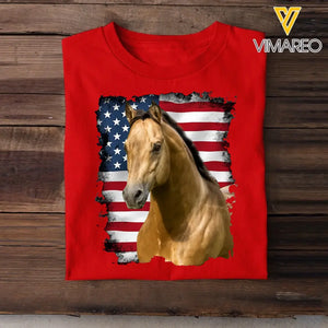 Personalized Upload Your Horse Photo US Flag T-shirt Printed LVA241574