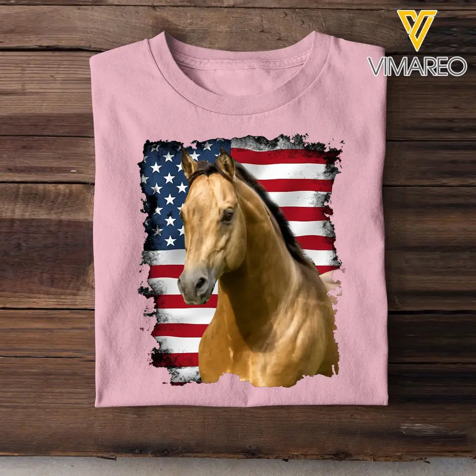 Personalized Upload Your Horse Photo US Flag T-shirt Printed LVA241574