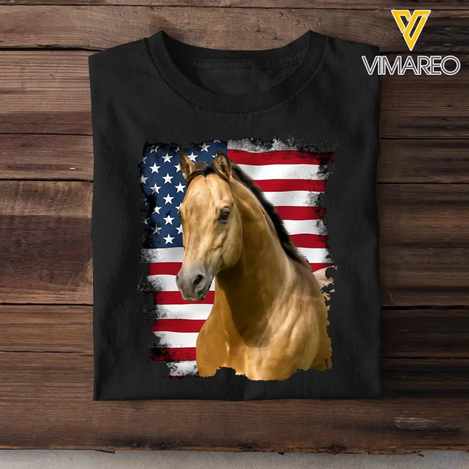 Personalized Upload Your Horse Photo US Flag T-shirt Printed LVA241574