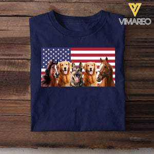 Personalized Upload Your Photo Horse & Dog US Flag Independence Day 4th July Gift T-shirt Printed HN241600