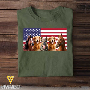 Personalized Upload Your Photo Horse & Dog US Flag Independence Day 4th July Gift T-shirt Printed HN241600