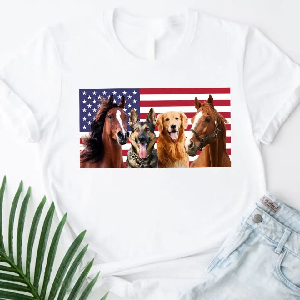 Personalized Upload Your Photo Horse & Dog US Flag Independence Day 4th July Gift T-shirt Printed HN241600